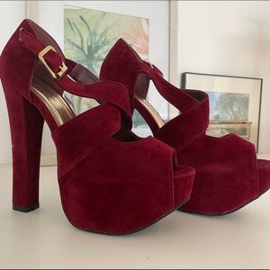 Thick red suede platform heels
